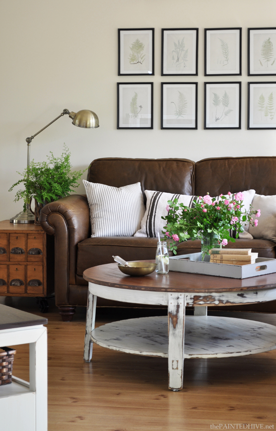 Cottage Country Living Room with Brown Leather Sofas | The Painted Hive