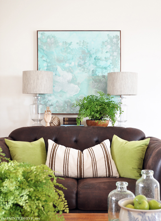 Sofa Table Styling with Green Cushions