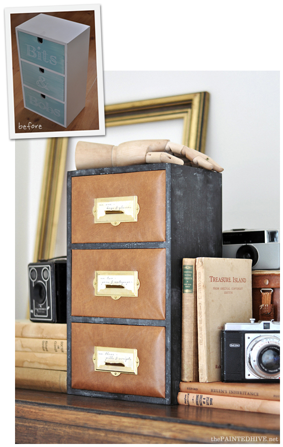 Before and After - DIY Leather Upholstered Mini Dresser Hack | The Painted Hive