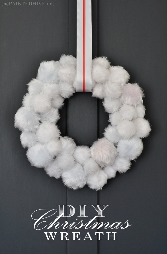 Easy DIY Christmas Wreath using faux fur covered baubles