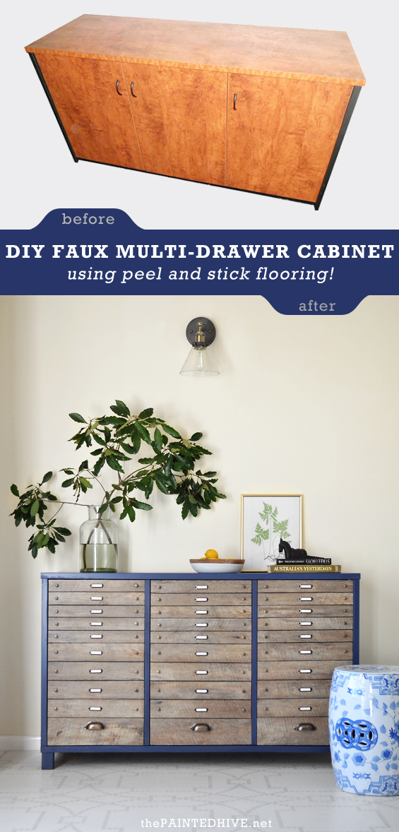 DIY Multi-Drawer Cabinet Makeover using peel and stick planks!