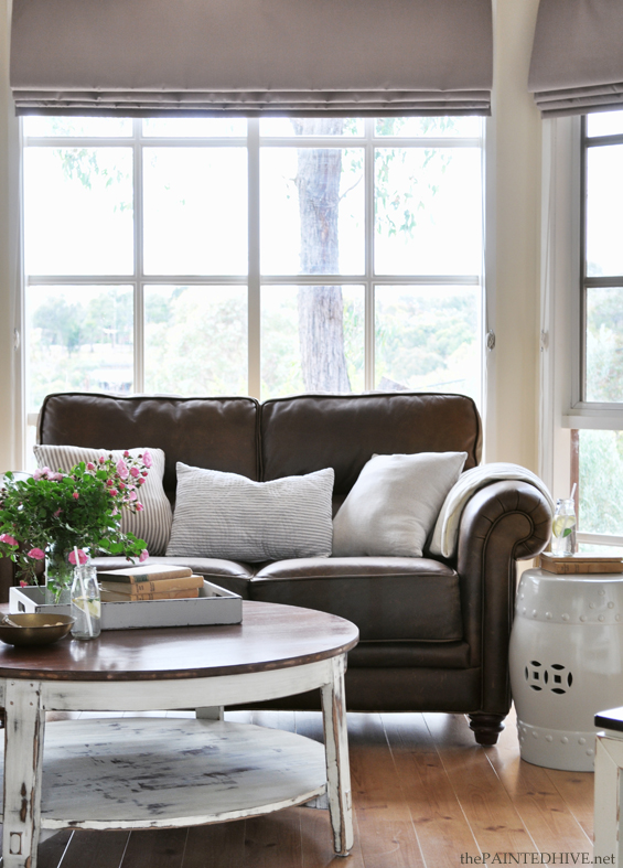 Cottage Country Living Room with Brown Leather Sofas | The Painted Hive