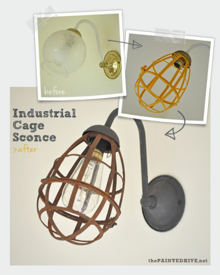 Industrial Cage Sconce Light Makeover with Rust Effect Paint | The Painted Hive