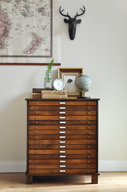 Transformed Laminate Bedside Table into Antique Style Map Drawers | The Painted Hive