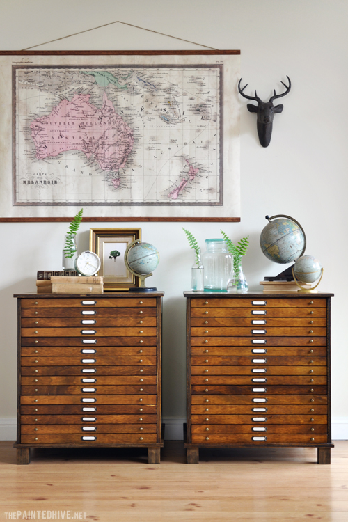 DIY Map Drawer Cabinet from Laminate Bedside Tables (Before & After) | The Painted Hive