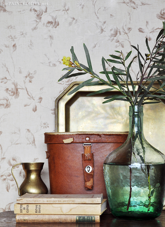 Vintage Vignette with Brass, Leather and Seagreen Demijohn | The Painted Hive