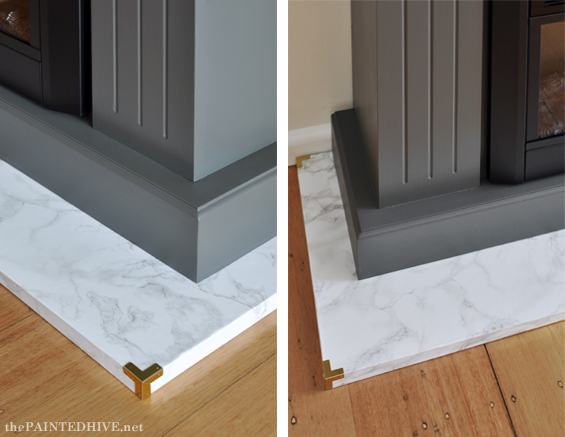 DIY Marble Contact Paper Hearth with Brass Corners | The Painted Hive