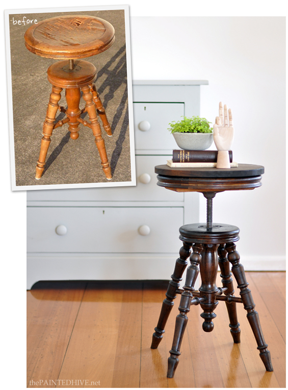 Antique Stool Makeover using a Bread Board to Cover the Damaged Top | The Painted Hive