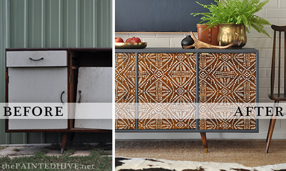 Tribal Stenciled Sideboard Makeover | Before & After