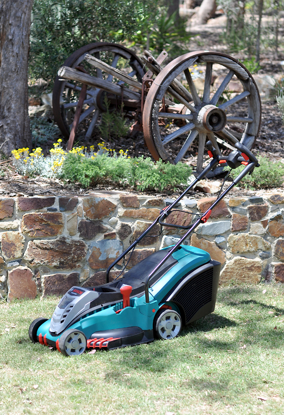 Powerful Bosch Professional cordless lawnmower and dual charger